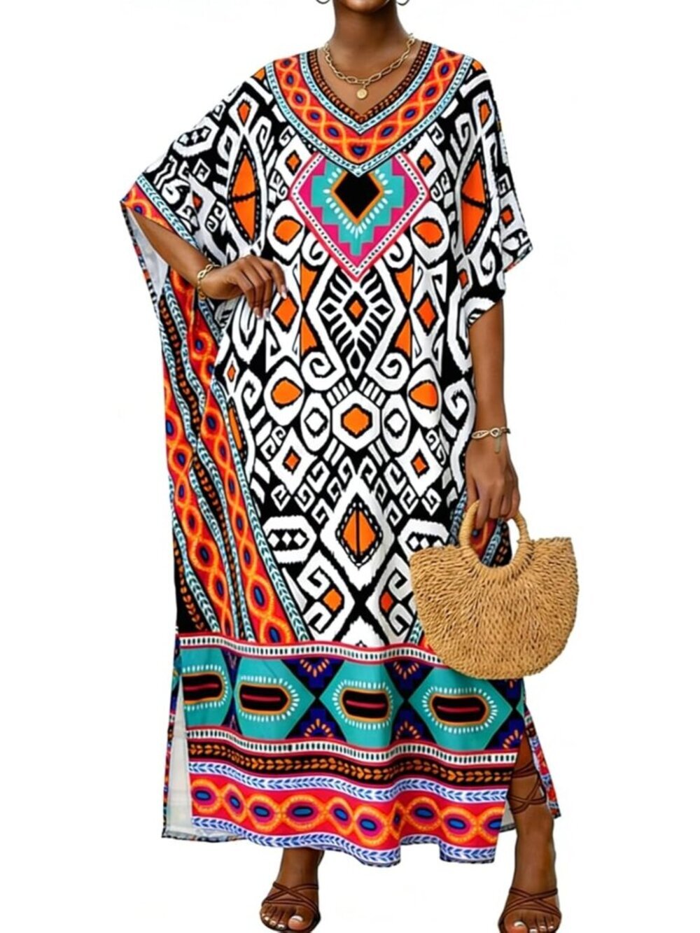 〽️Women Colorful Geo Print Plus Size V Neck Caftan Long Batwing Sleeve Cover Up